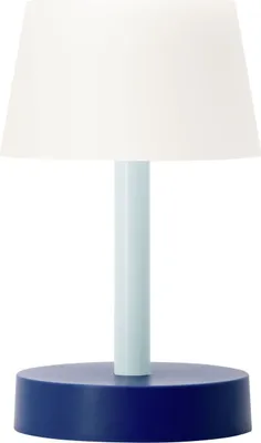 A table lamp with a white shade, a light blue stem, and a dark blue base.