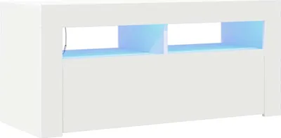 A white media console with blue LED lighting.