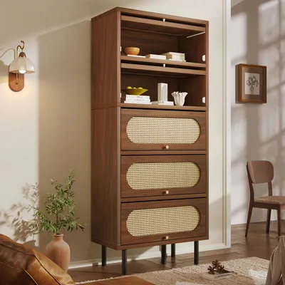 Image de Buffet haut Merax en rotin avec 5 abattants, commode avec espace de rangement, meuble en bois avec pieds métalliques, salon, couloir, cuisine, noyer