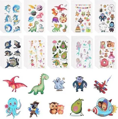 Productafbeelding van Set van kinderstickers met tijdelijke tatoeages, 60 vel, waterdicht, met cartoonmotieven, geschikt voor feestjes