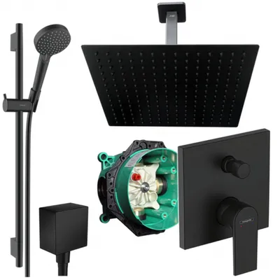 Produktbild von Hansgrohe und Jowi Unterputz Duschsystem Schwarz, Vernis Shape, 650mm Brausestange, Duscharmatur, Deckenanschluss