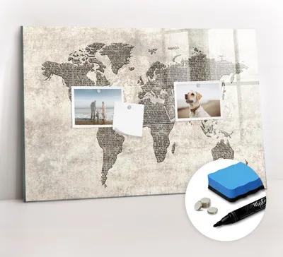 Produktbild von Magnetpinnwand Memoboard - Zubehörsatz - Schwarzer Marker + Schwamm + Magnete - 60 x 40 cm - Zeitungsweltkarte