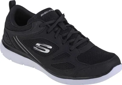 A black Skechers sports shoe with a white sole, shown from the side against a white background.