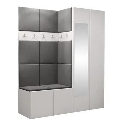 A corner wardrobe set with upholstered panels and a mirror.
