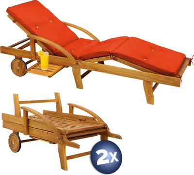 Image de CASARIA® 2x Bain de soleil en bois d'acacia avec coussin housse orange inclus jardin balcon exterieur chaise longue ergonomique