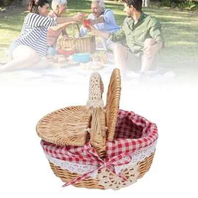 Produktbild von Picknickkorb aus Riet - Faltbarer Griff - Doppelter Deckel - Abnehmbare Innenauskleidung