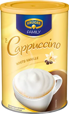 A can of Krüger Family Cappuccino White Vanilla.