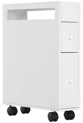 Image de Armoire de salle de bain sur roulettes, avec 2 tiroirs et un compartiment ouvert | Couleur : Blanc | Dimensions : 49,5 x 16 x 66 cm