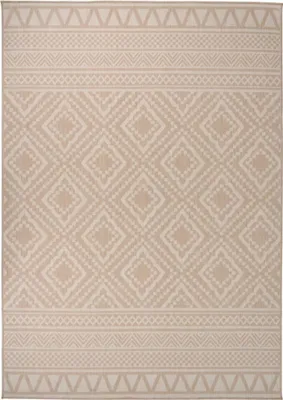 Imagen del producto de Alfombra para exteriores, tejido plano, 140x200 cm, color marrón, con diseño a rayas