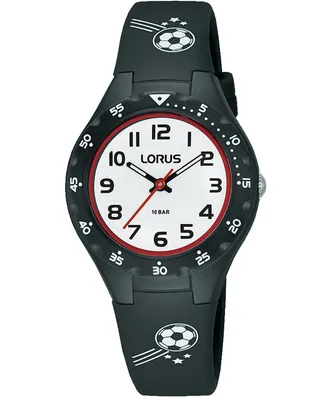 A close-up studio shot of a black Lorus kids' watch with a white face and soccer ball graphics.