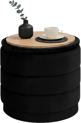Obrázek produktu pro Stolek 39 x 39 x 37 cm, černý samet, s víkem, sklopnou podnožkou a odkládací plochou, vhodný do obývacího pokoje