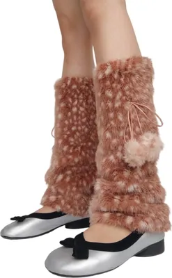 Produktbild von Beinstulpen mit Hirschmotiv, Damen, flauschige Wadenstulpen aus Kunstfell mit Bommeln, flauschige Stiefelstulpen für Sneaker, Mädchen, Winter-Streetwear, 20 cm