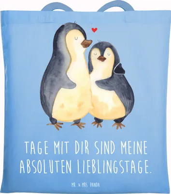 Produktbild von Mr. & Mrs. Panda Jutebeutel Pinguin umarmen - Sky Blue - Geschenk, Hochzeitstag, Liebe, Einkaufstasche, Hochzeit, Shopping Tasche, Tote Bag, Laptoptasche, Tragetasche