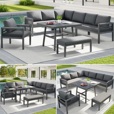 Produktbild von L-förmiges Gartensofa für bis zu 8 Personen – handgeflochten, robustes Eisengestell, graue Polster, inkl. Tisch mit Marmor-Glasplatte & 2 Sesseln, Grau