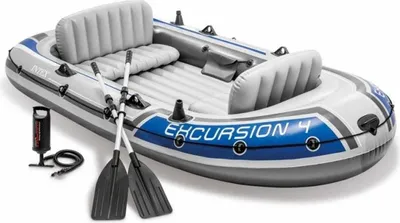 An inflatable boat with oars and a pump on a white background.