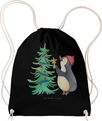 Produktbild von Mr. & Mrs. Panda Turnbeutel Pinguin Weihnachtsbaum - Schwarz - Geschenk, wander rucksack, Winter, beutel, Weihnachten, Jutebeutel, Sportbeutel, sporttasche klein