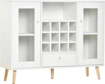Image de Buffet de cuisine - Buffet avec casier à bouteilles - Tiroir - Compartiment ouvert - 2 Armoires avec portes vitrées - 100x33x80 cm - Blanc