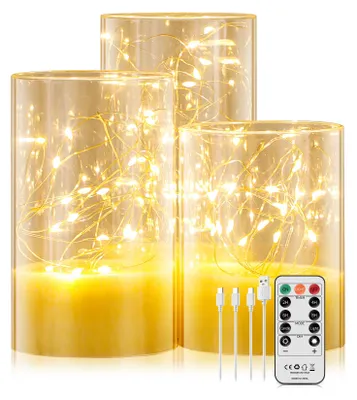 Productafbeelding van Set van 3 led-kaarsen, oplaadbaar, 1000 mAh, met afstandsbediening, timer, lichtketting