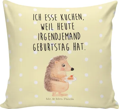 Produktbild von Mr. & Mrs. Panda kissen bedruckt Igel Kuchenstück - Gelb Pastell - Geschenk, Torte, Essen Spruch, Kuchen Backen, Sofakissen 40x40, Zierkissen, Polster, für sofa