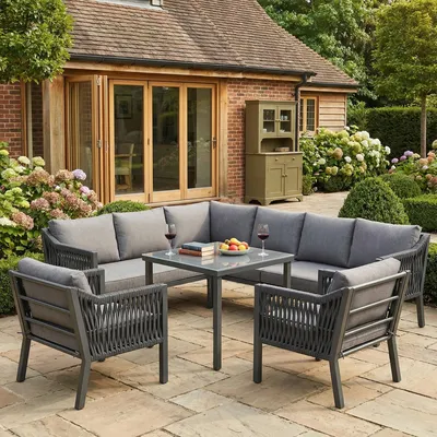 Produktbild von Clinvia Garten-Essgruppe,Gartenmöbel-Set,8 Personen, Eckstellung, Verzinktes Eisen, Glastischplatte, Handgewebtes Seil-Set, bestehend aus einem Esstisch, zwei Sesseln und einem Ecksofa, Grau
