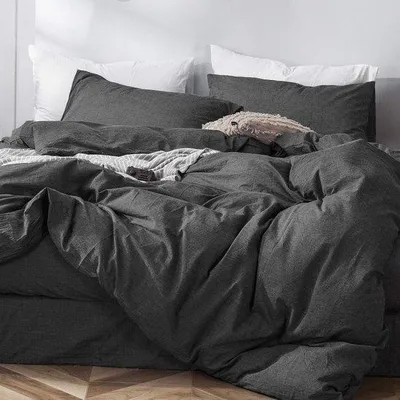 Produktbild von Unyqoos® Bettwäsche-Set 200 x 200 cm – 100% gewaschene Baumwolle, Anthrazit, inkl. 2 Kissenbezüge 80 x 80 cm, versteckter Reißverschluss