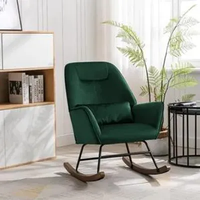 Image de HomeMiYN Fauteuil à bascule, structure métallique, socle en bois, velours, vert foncé