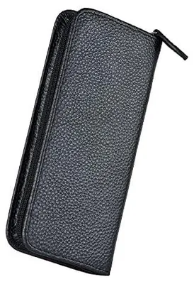 Produktbild von Schwarzes Echtlederetui für Füllfederhalter mit 3 Fächern, Reißverschluss und einer handgefertigten Halterung für Kugelschreiber.