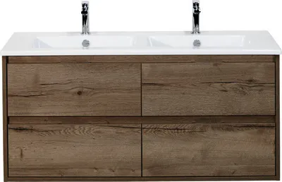 Produktbild von Sanox Badmöbel-Set Porto BxHxT 121 x 57 x 51 cm Frontfarbe tabacco mit Doppel-Waschtisch Keramik weiß Griff chrom 847196