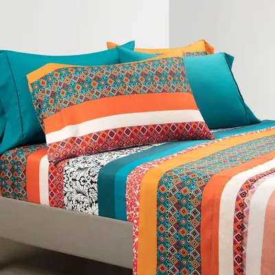 Productafbeelding van Decor Boho Stripe Soft Sheet 6-delige set, Koning, Turquoise & Mandarijn