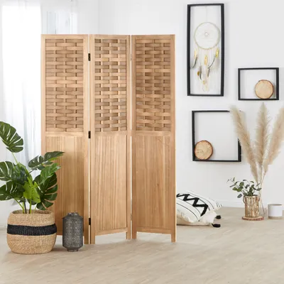 Produktbild von Homestyle4u Paravent Raumteiler 3 teilig Holz Trennwand Rattan Sichtschutz Braun
