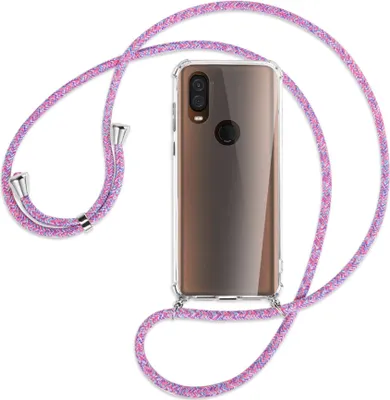 Produktbild von Handykette Backcover-Schutzhülle mit Band (Metall silberfarben) für Motorola One Vision - lila/rosa/blau