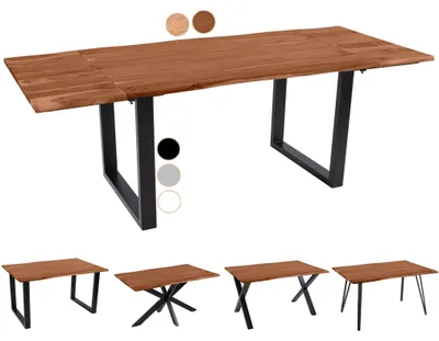 Produktbild von Baumkantentisch 160 (260) x 90 cm Avino, Akazienholz nussbaumfarben & massiv, Esszimmertisch mit 2 Ansteckplatten, Schwarzes U-Metallgestell, Esstisch ausziehbar 6-8 Personen