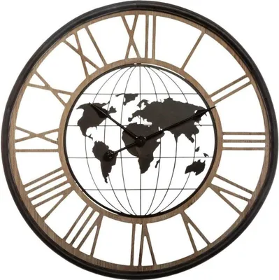 A wall clock with a world map design and Roman numerals.