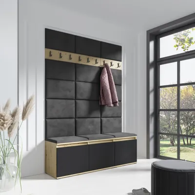 Produktbild von Garderoben-Set "LEON" mit Schuhregal und Polsterplatten, Ideal für Flur und Eingangsbereich (Artisan/Schwarz, Trinity 15)