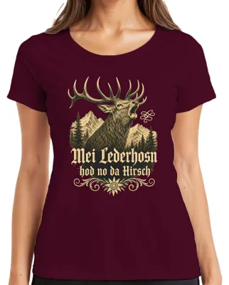 Obrázok produktu pre Mei Lederhosn – Dámske tričko s motívom bavorského folklóru (Oktoberfest), model Lederhose Dirndl, farba: bordová, veľkosť: M