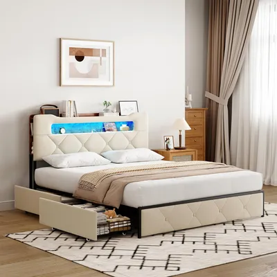 Produktbild von Fortuna Lai Polsterbett 140x190cm mit LED und USB, Doppelbett mit Kopfteil und 4 Schubladen, Metallbett Funktionsbett Kinderbett, Samt Beige