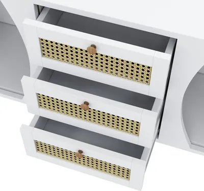 Produktbild von okwish Sideboard Kommode Buffetschrank Vitrine Rattanschrank mit drei Schubladen, Kommode mit Schiebetüren weiß
