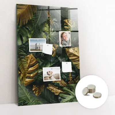 Obrázek produktu pro Magnetická Tabule na Zeď Skleněná - Memo Board Kleněnou Přední Stranou - 5 magnetů v balení - 60x90 cm - Tropické listy