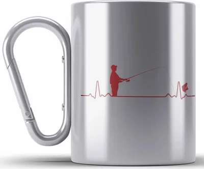 Produktbild von Trendation - Angler Edelstahl Tasse Karabiner Geschenk Männer Grafik Herzschlag Lustig für Fischer Geschenkidee Angeln Fischen (Silber)