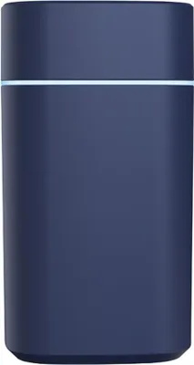 A dark blue cylindrical aroma diffuser with a light blue illuminated band near the top.