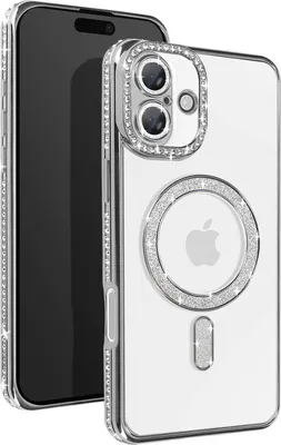 Obrázok produktu pre Avizar, diamantové puzdro pre iPhone 16 - ochrana MagSafe s kamienkovým okrajom, strieborné