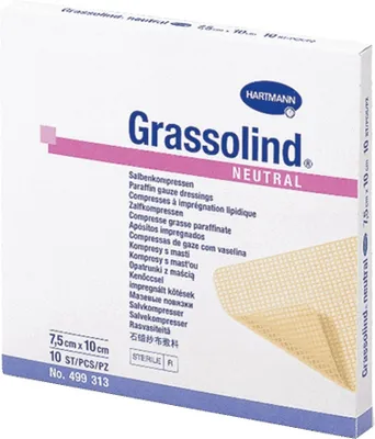 A product box for Hartmann Grassolind Neutral paraffin gauze dressings.