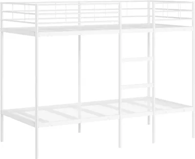 A white metal bunk bed frame without mattresses, shown from a front-side angle against a white background.