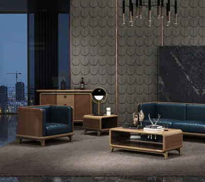 Immagine prodotto di Elegante poltrona in blu scuro con struttura in legno marrone