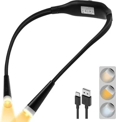 Zdjęcie produktu dla Lampa do czytania LED z płynną regulacją jasności i 3 trybami barwowymi, z elastycznym ramieniem i kablem USB, idealna do czytania, robótek ręcznych i biwakowania