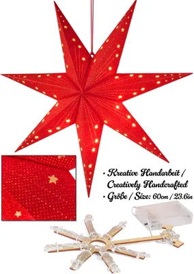 A red, star-shaped paper lantern with small white stars, designed for Christmas decoration, is shown hanging. A close-up of the lantern's fabric and a disassembled frame with LED lights are also visible.