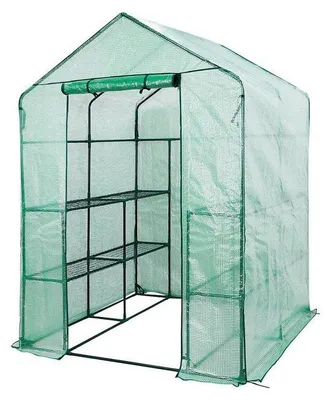 Zdjęcie produktu dla Kweekkas o wymiarach 143x143x195 cm, wykonana z przezroczystej folii PE i metalowej konstrukcji, wyposażona w 4 półki