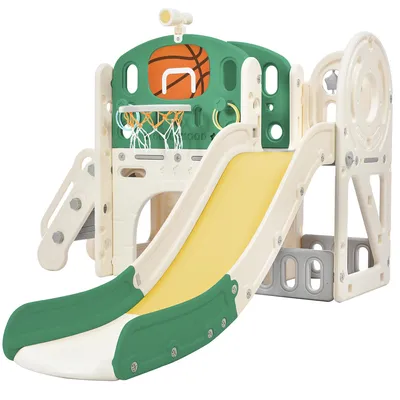 Obrázek produktu pro Dětská kombinovaná skluzavka AIORBER s dlouhou skluzavkou, tunelem, úložným boxem, žebříkem a basketbalovým košem, snadná montáž, HDPE - Antique Green