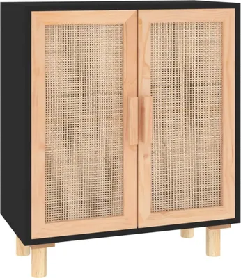 Produktbild von Sideboard Schwarz 60x30x70cm Massivholz Kiefer und Natur-Rattan