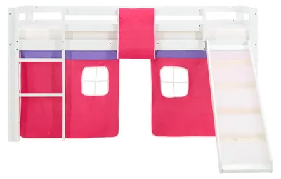 Produktbild von Homestyle4u Hochbett 90x200 mit Rausfallschutz Kinder Massivholz Kiefer Weiß mit Leiter Rutsche & pinkem Vorhang